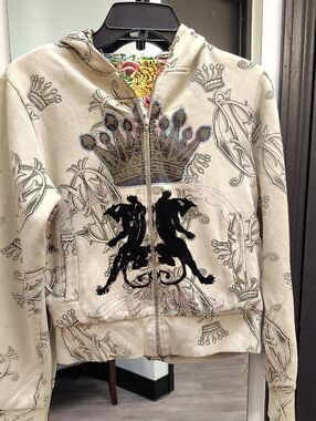 Christian Audigier Beige Crown & Lion Zip Hoodie